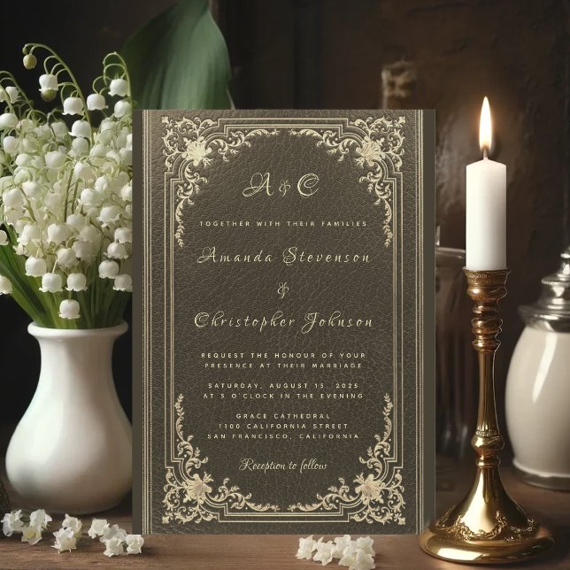 Wedding Monogram Elegant Vintage Gold on Black Invitation (Creator Uploaded)