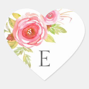 Wedding monogram envelope seals, pink floral 3605 heart sticker