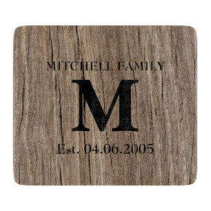 Wedding monogram faux wood initial family rustic cutting board