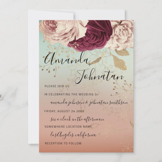 Wedding Monogram Florals BurgundyMarsala Rose Teal Invitation (Front)
