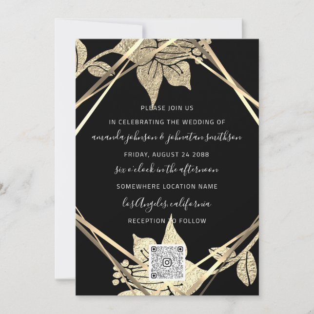 Wedding Monogram Florals Faux Gold Frame QR  Invitation (Front)