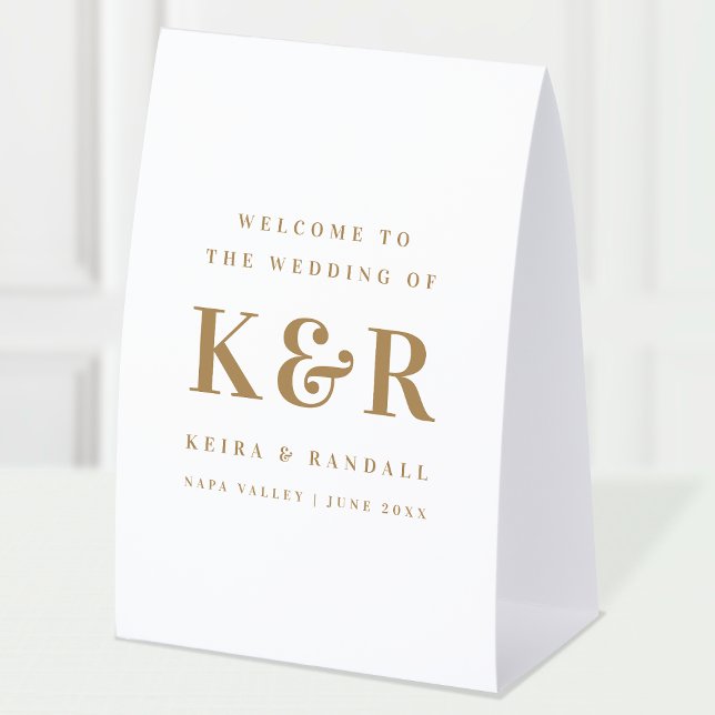 Wedding Monogram Gold and White Welcome (Elegant gold & white editable paper table tent Wedding welcome sign.)