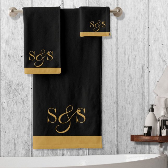 Wedding Monogram Gold Initials Serif Script Black Bath Towel Set (Creator Uploaded)