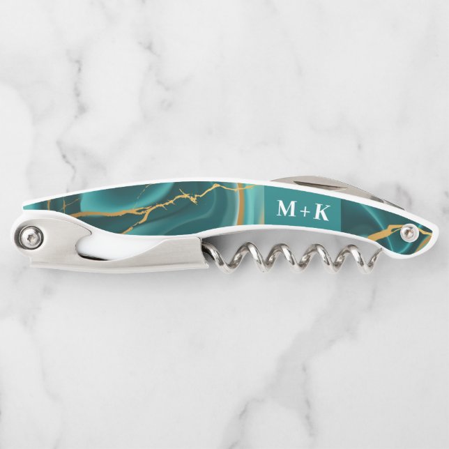 Wedding Monogram Green Gold Agate Geode Corkscrew (Front)