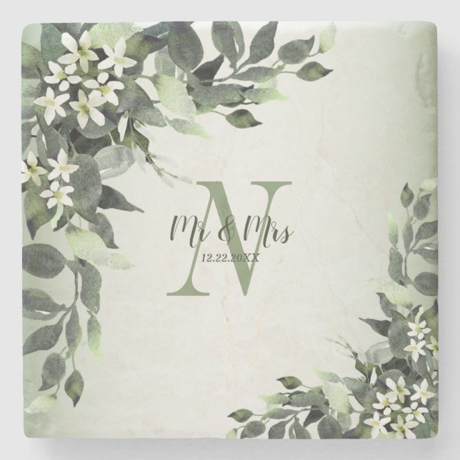 Wedding Monogram Greenery Floral Leaves Stone Coaster (Front)