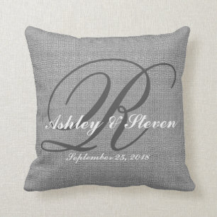 Wedding Monogram Grey Rustic Linen Look Cushion