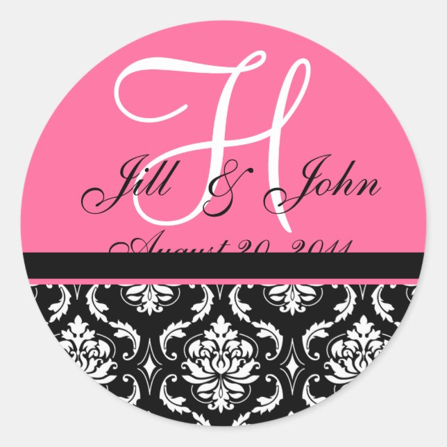Wedding Monogram Initial Names Pink Damask Seal (Front)