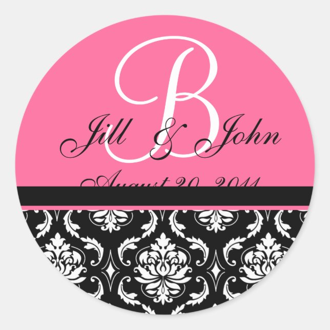 Wedding Monogram Initial Names Pink Damask Seal (Front)