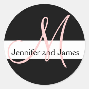 Wedding Monogram Initial Names Pink White Black Classic Round Sticker