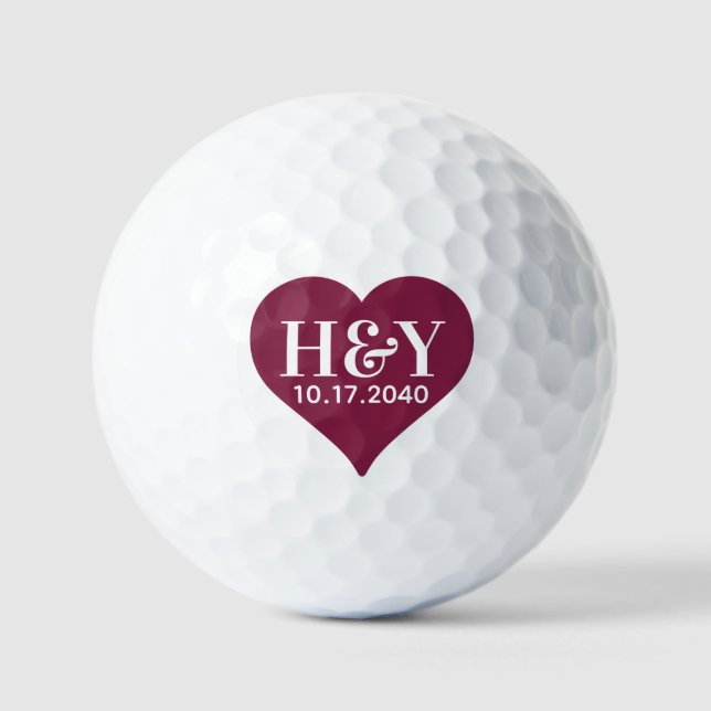 Wedding Monogram Initials Date Red Heart Golf Balls (Front)
