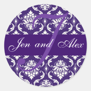 Wedding Monogram J Purple Damask Favour Sticker