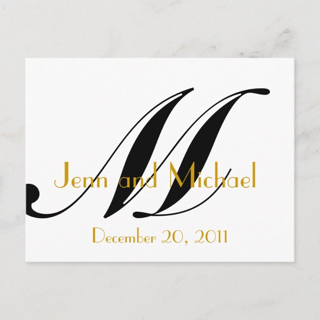 Wedding Monogram M Announcement Card Gold Black (Front)