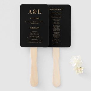 Wedding Monogram Minimalist Black Gold Hand Fan