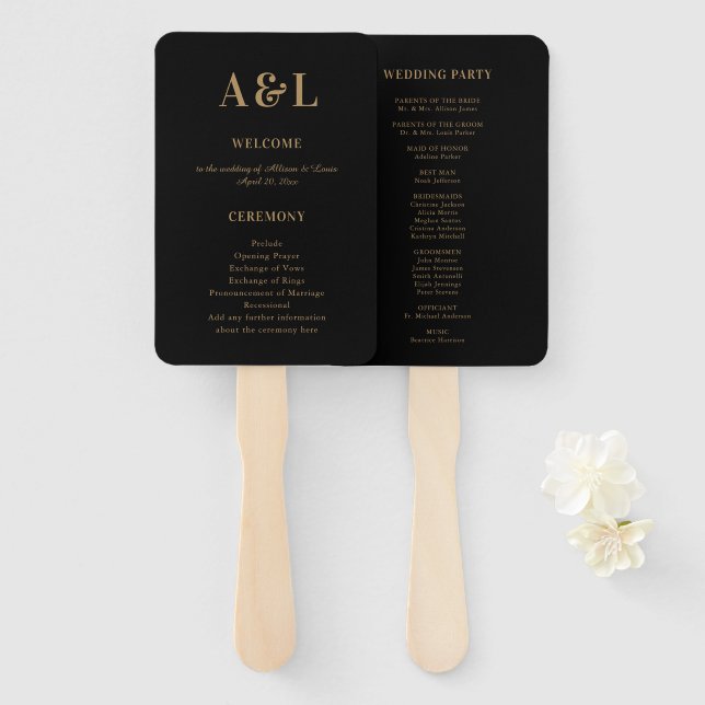 Wedding Monogram Minimalist Black Gold Hand Fan (Front and Back)