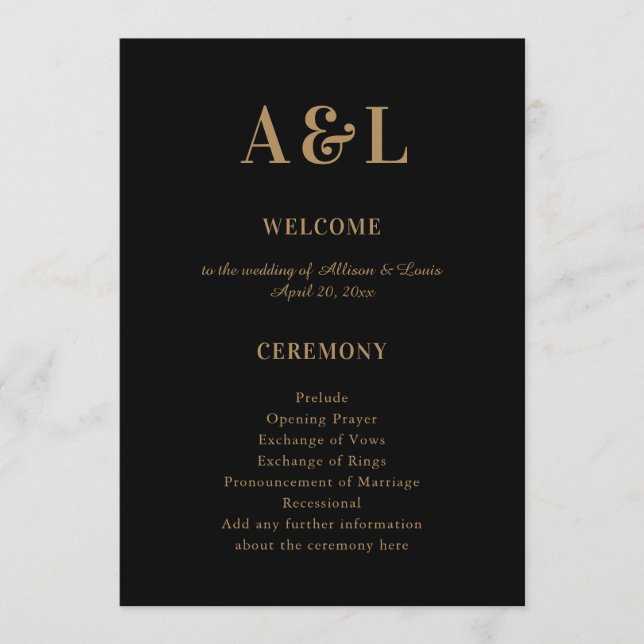 Wedding Monogram Minimalist Black Gold Programme (Front)