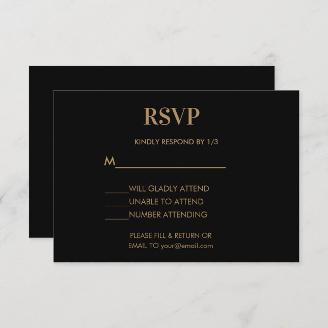 Wedding Monogram Minimalist Black Gold RSVP Card (Front/Back)