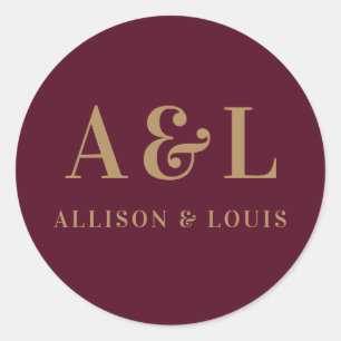 Wedding Monogram Minimalist Burgundy Gold Classic Round Sticker