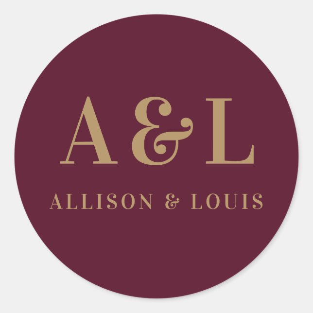 Wedding Monogram Minimalist Burgundy Gold Classic Round Sticker (Front)