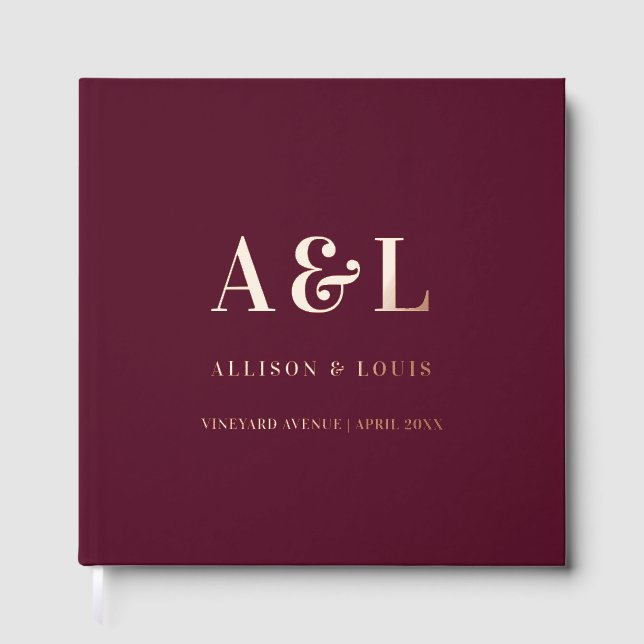 Wedding Monogram Minimalist Burgundy Gold Guest Book (Front)