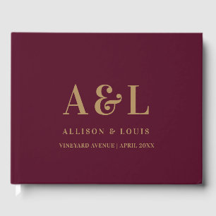 Wedding Monogram Minimalist Burgundy Gold Guest Book