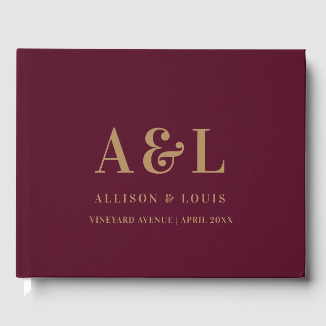 Wedding Monogram Minimalist Burgundy Gold Guest Book (Front)