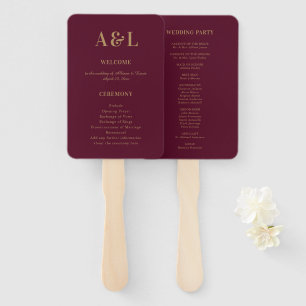 Wedding Monogram Minimalist Burgundy Gold Hand Fan