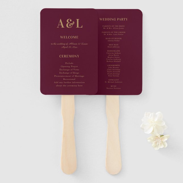 Wedding Monogram Minimalist Burgundy Gold Hand Fan (Front and Back)
