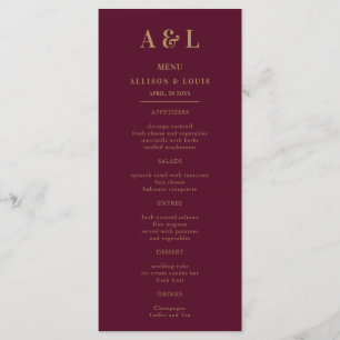 Wedding Monogram Minimalist Burgundy Gold Menu