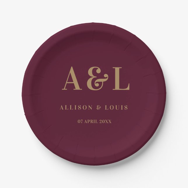 Wedding Monogram Minimalist Burgundy Gold Paper Plate (Front)