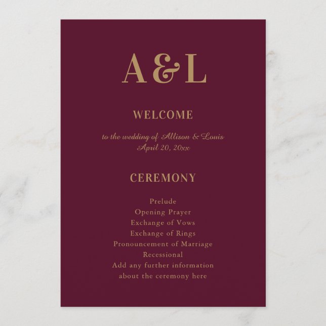 Wedding Monogram Minimalist Burgundy Gold Programme (Front)