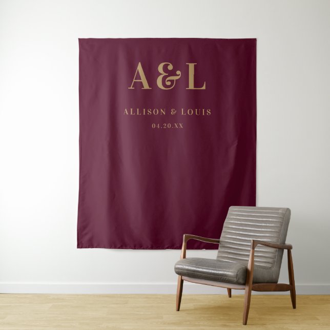 Wedding Monogram Minimalist Burgundy Gold Tapestry (In Situ)