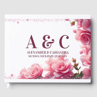 Wedding Monogram Minimalist Burgundy Pink Floral Guest Book