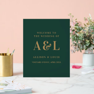 Wedding Monogram Minimalist Emerald Green Gold Acrylic Sign