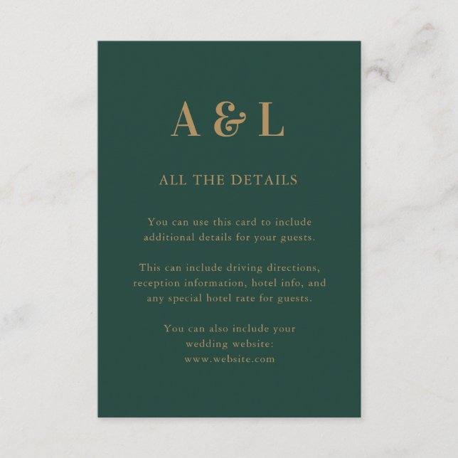 Wedding Monogram Minimalist Emerald Green Gold Enclosure Card (Front)