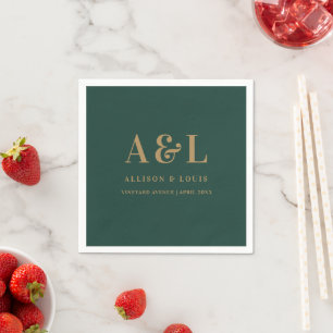 Wedding Monogram Minimalist Emerald Green Gold Napkin