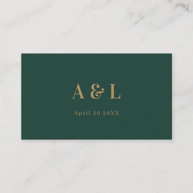Wedding Monogram Minimalist Emerald Green Gold Place Card (Front)