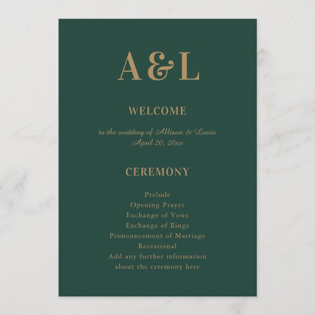 Wedding Monogram Minimalist Emerald Green Gold Programme (Front)