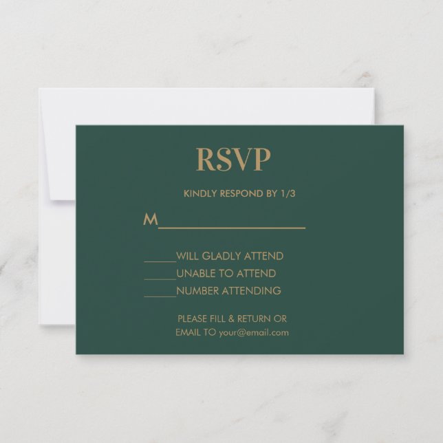 Wedding Monogram Minimalist Emerald Green Gold RSVP Card (Front)