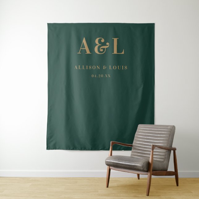 Wedding Monogram Minimalist Emerald Green Gold Tapestry (In Situ)