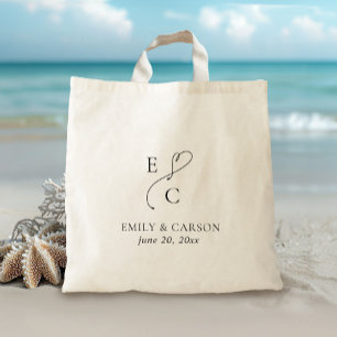 Wedding Monogram Minimalist Simple Elegant Black Tote Bag