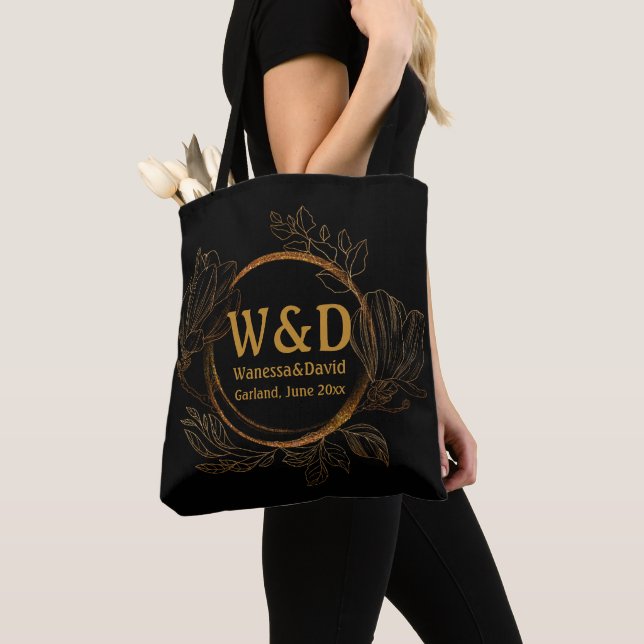 Wedding Monogram Minimalist Simple Elegant Gold Tote Bag (Close Up)