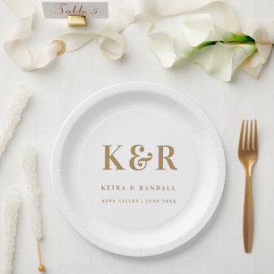 Wedding Monogram Minimalist Simple Gold and White Paper Plate