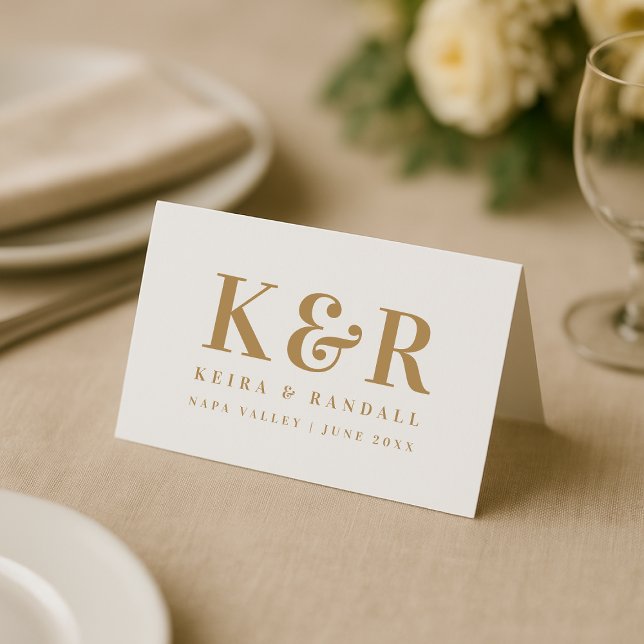Wedding Monogram Minimalist Simple Gold and White Place Card (Creator Uploaded)