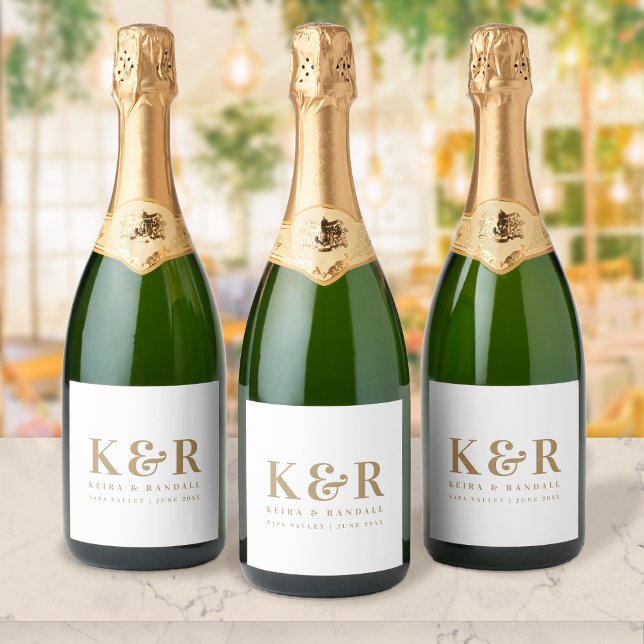 Wedding Monogram Minimalist Simple Gold and White Sparkling Wine Label (Creator Uploaded)