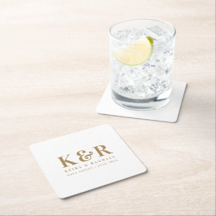Wedding Monogram Minimalist Simple Gold and White Square Paper Coaster