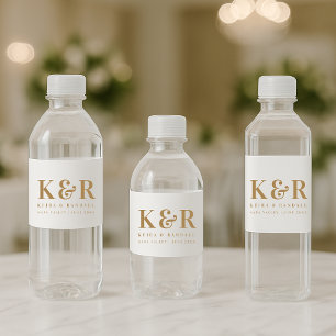 Wedding Monogram Minimalist Simple Gold and White Water Bottle Label