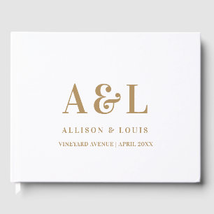 Wedding Monogram Minimalist White Gold Guest Book