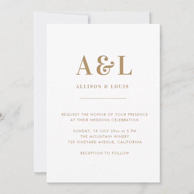 Wedding Monogram Minimalist White Gold Invitation (Front)