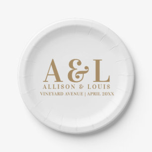 Wedding Monogram Minimalist White Gold Paper Plate