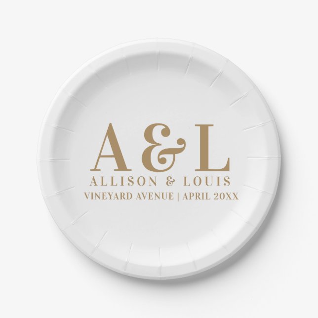 Wedding Monogram Minimalist White Gold Paper Plate (Front)